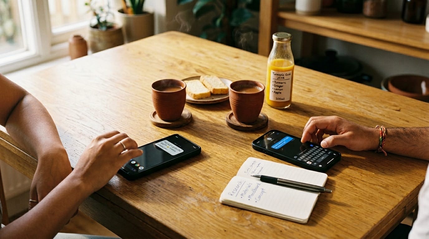 Two phones on a kitchen table — two humans replying at once