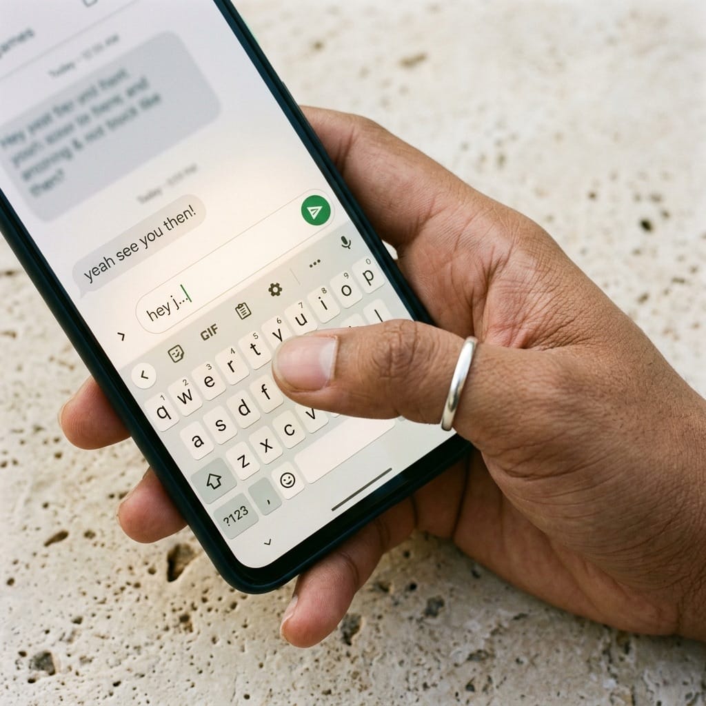 Thumb mid-keystroke replying to a customer message