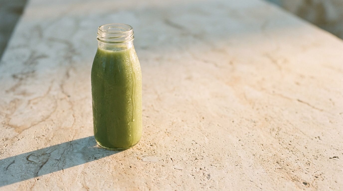 A single sage-green bottle with wide negative space
