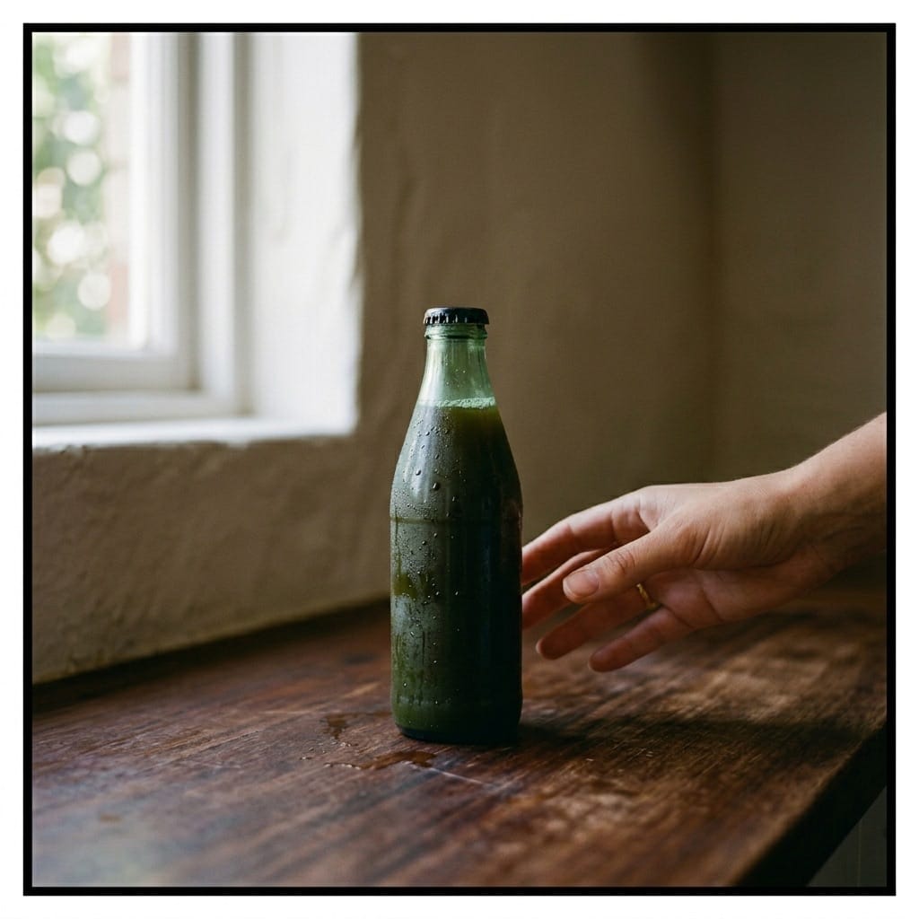 Day 1 — first cold-pressed bottle on the kitchen counter