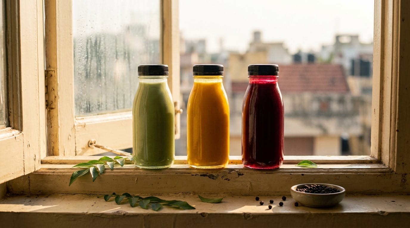 Three cold-pressed juice bottles backlit by morning light on a black granite window sill