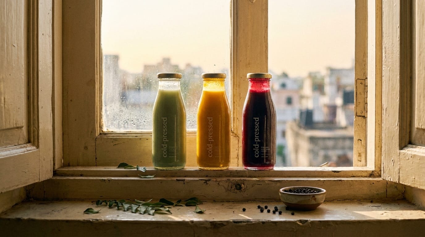 Three cold-pressed bottles backlit by morning window light