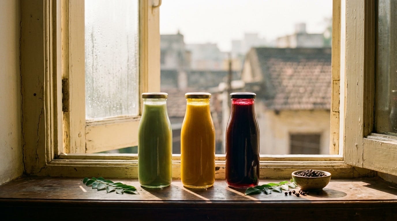Cold-pressed bottles backlit, trio