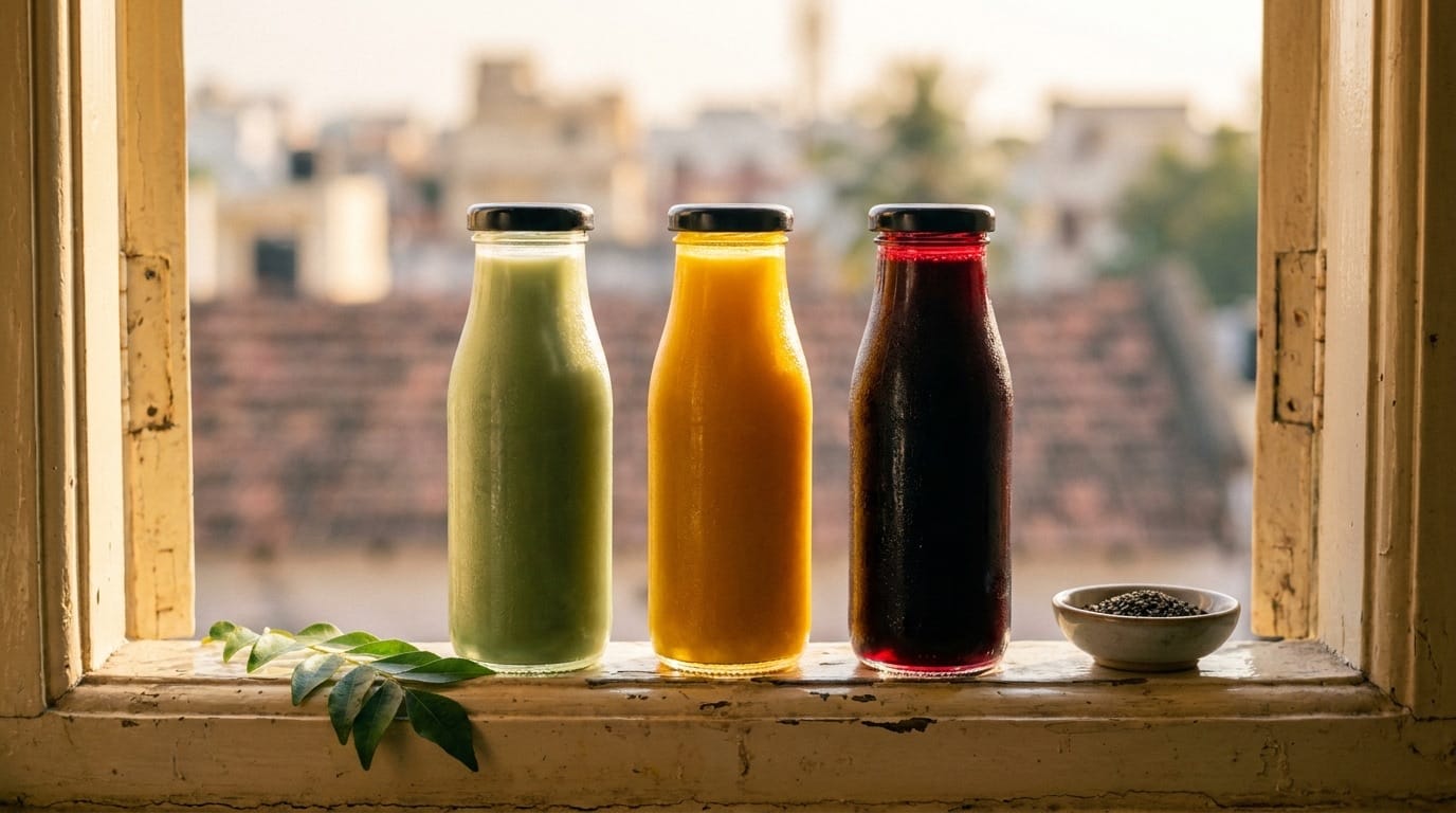 Cold-pressed bottles backlit, dusk