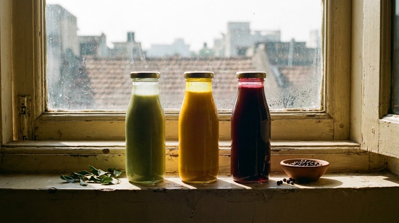 Cold-pressed bottles backlit, later light