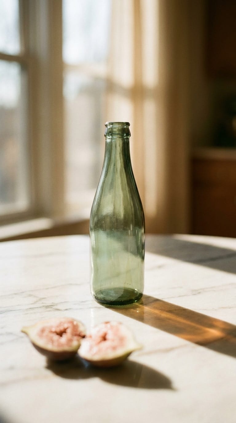 Cold-pressed bottle on marble with fig
