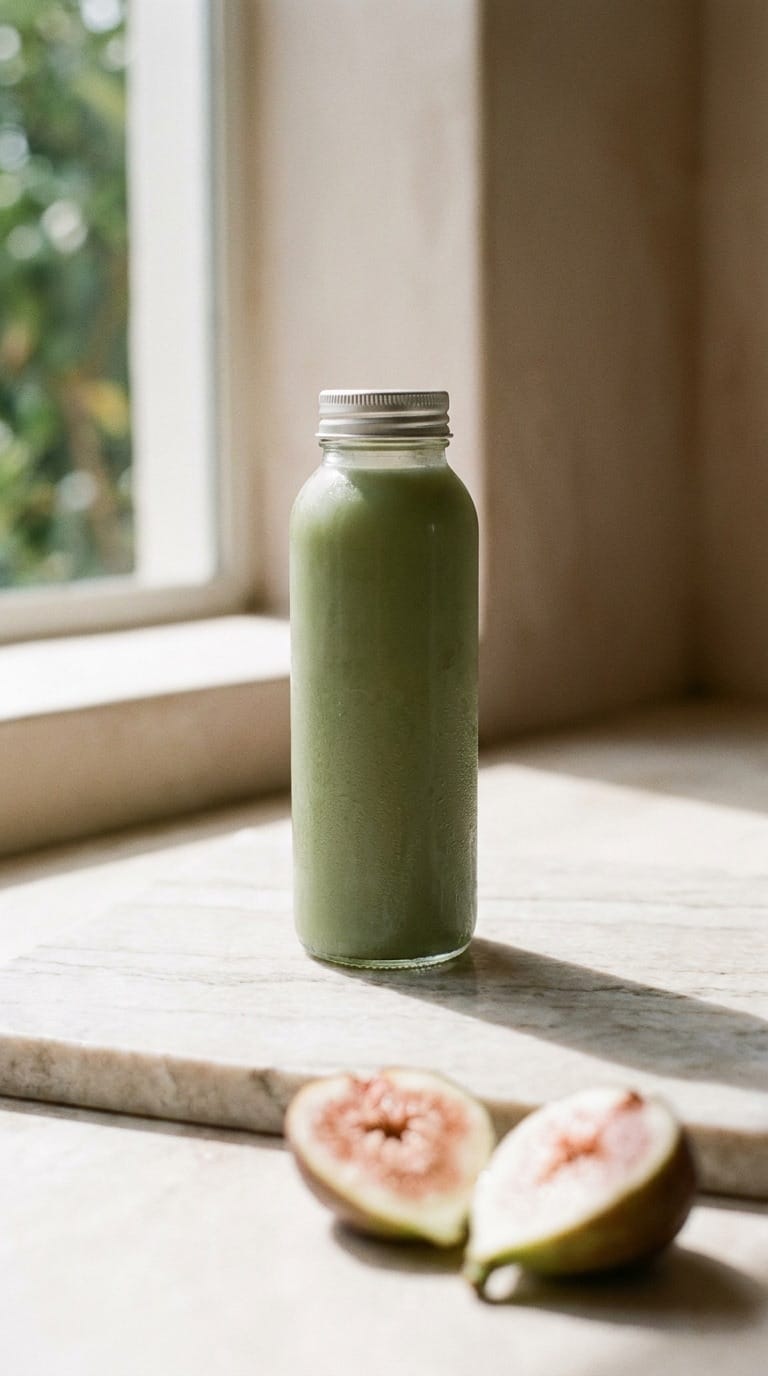 Bottle on marble with fig, alternate