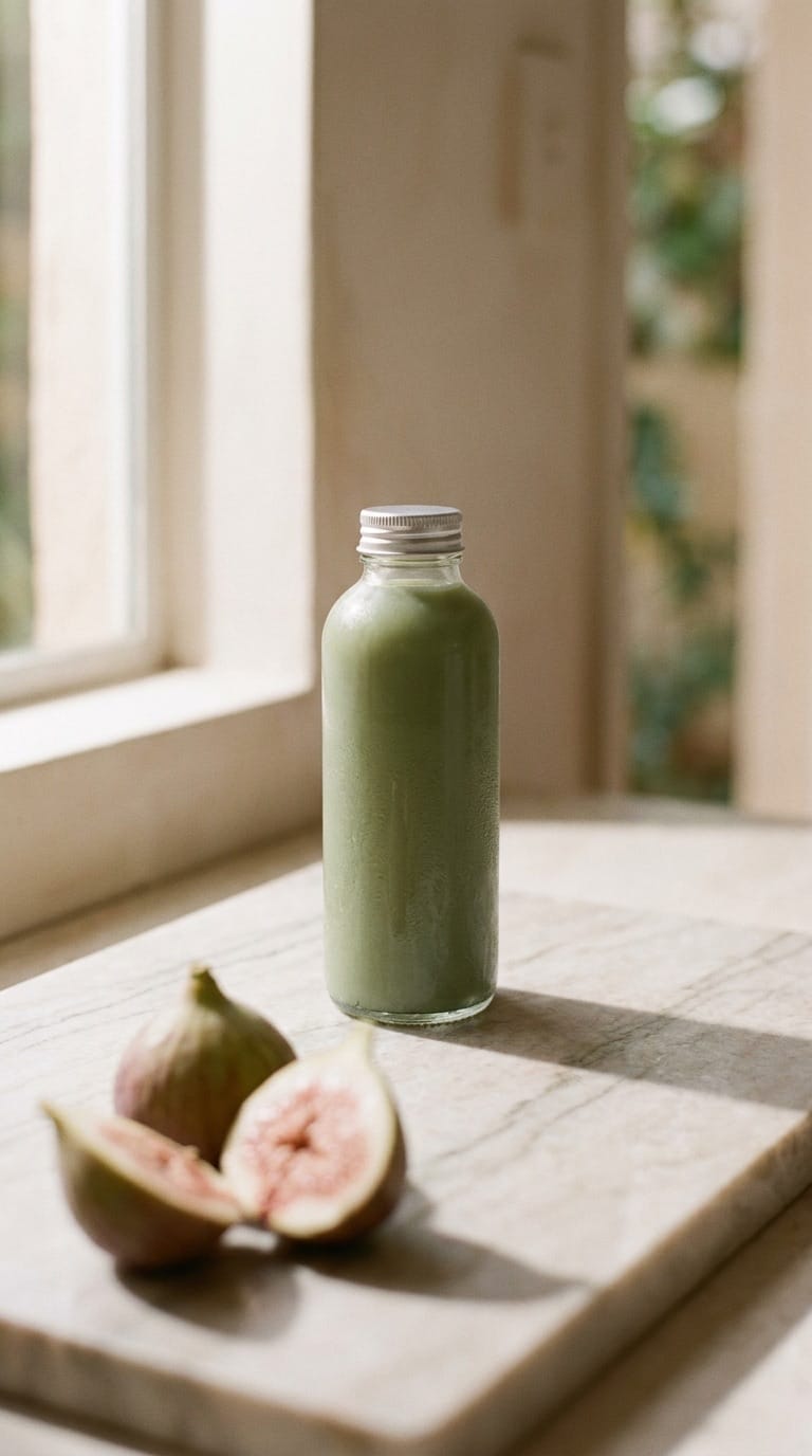 Bottle on marble with fig, still