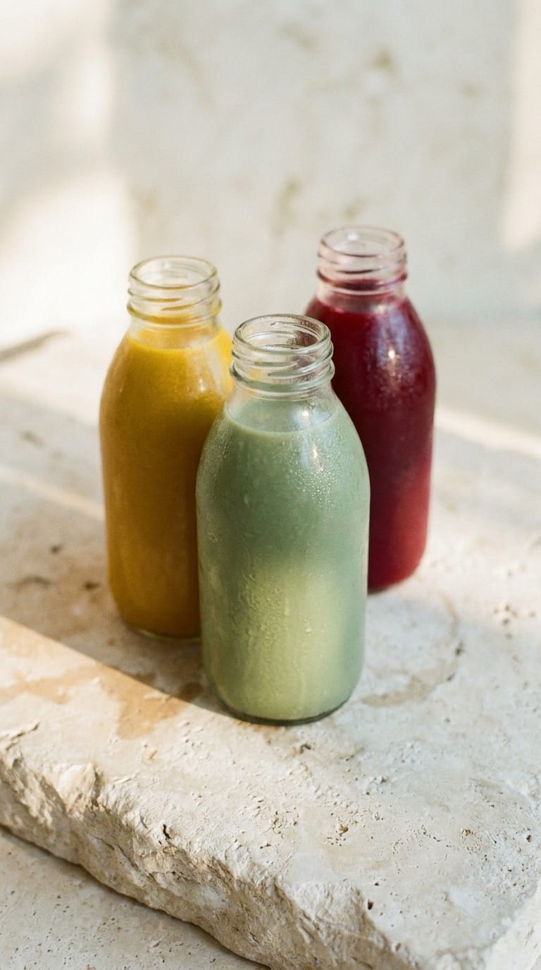 Low-angle lineup of sealed cold-pressed bottles