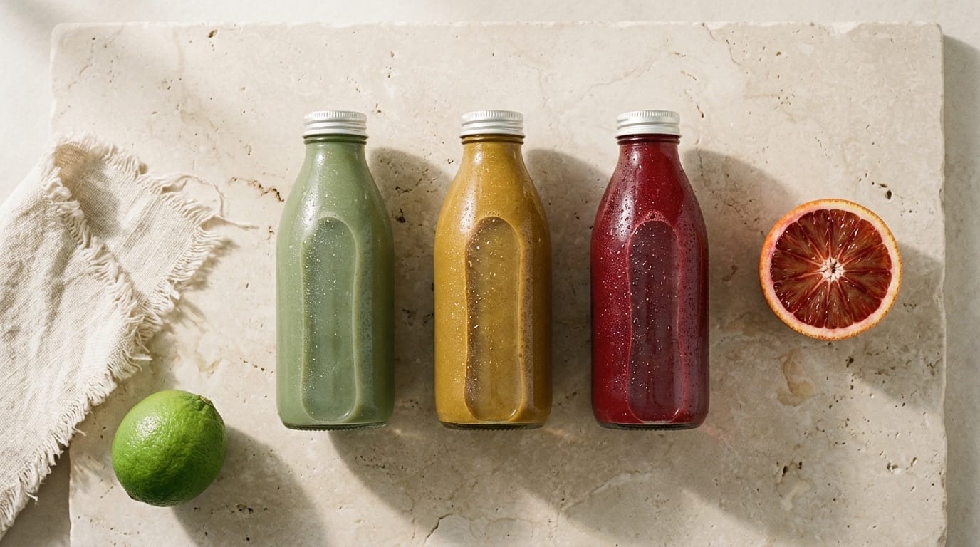 Flatlay of cold-pressed bottles on limestone