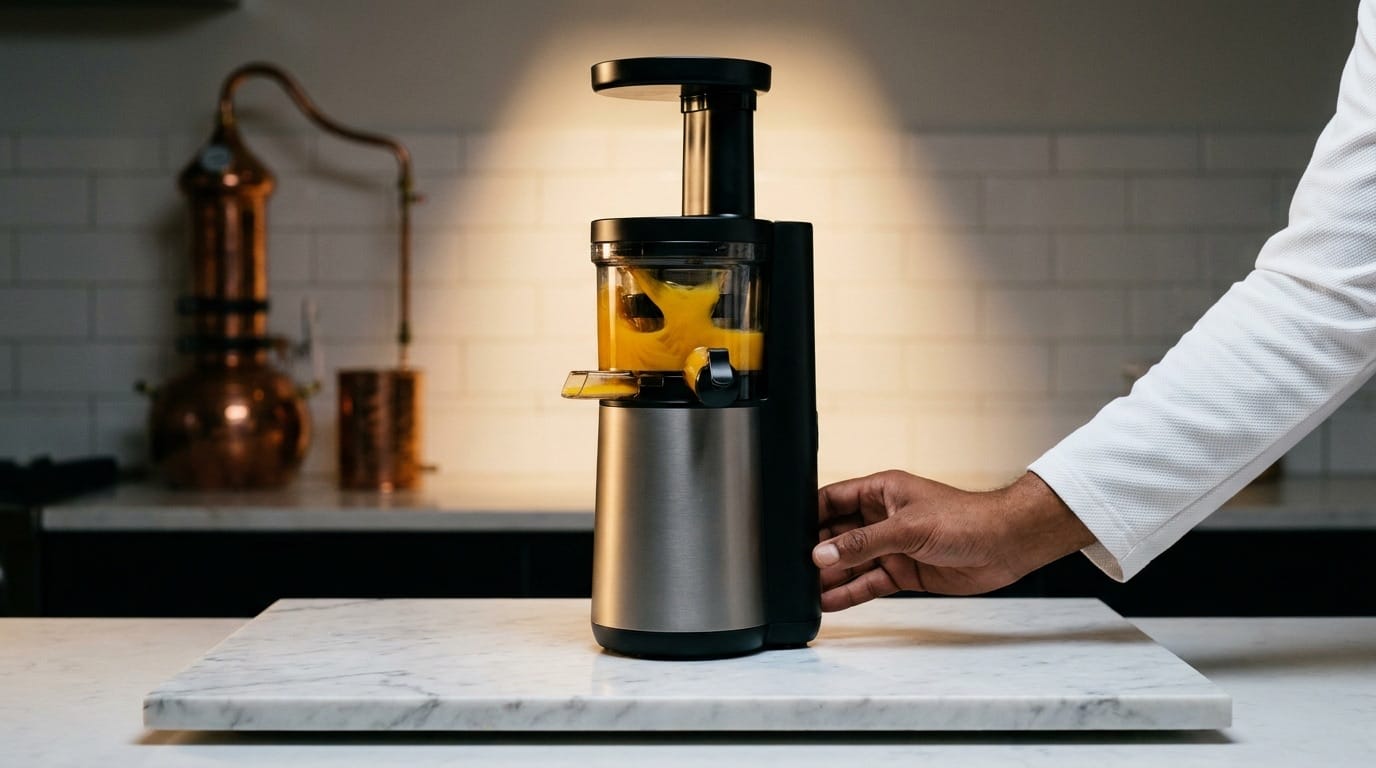 Hand with cold-pressed bottle