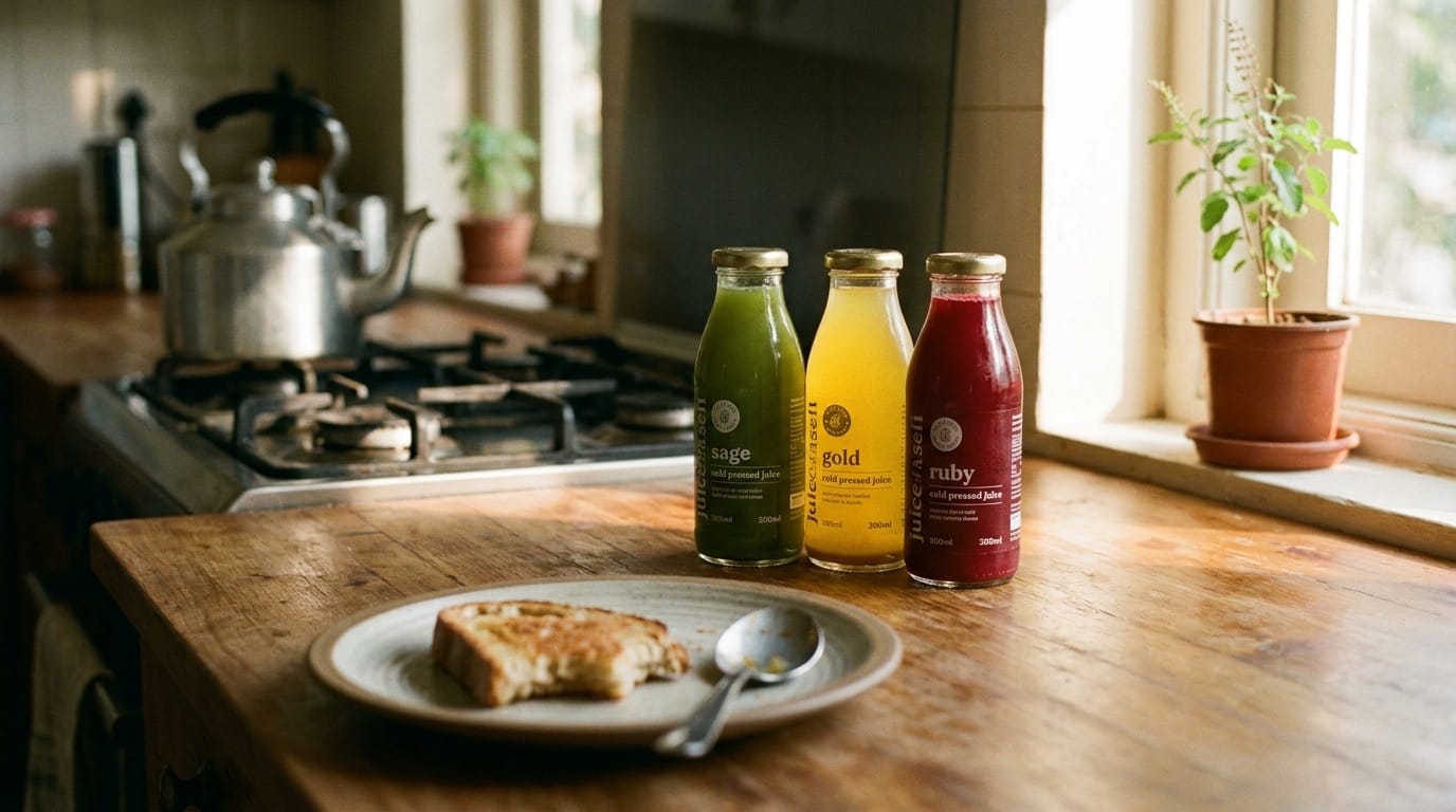 Cold-pressed bottle on kitchen counter at breakfast