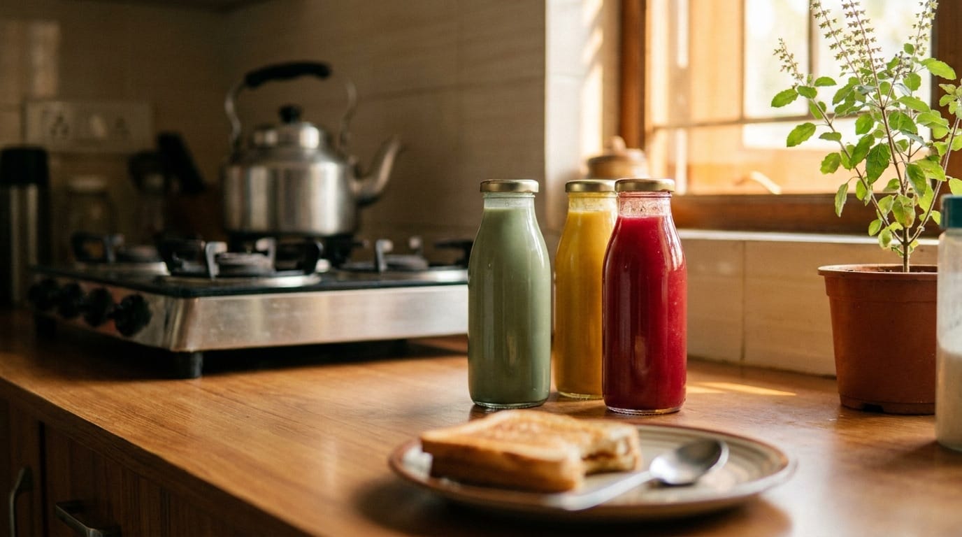 Kitchen breakfast scene with bottle in use