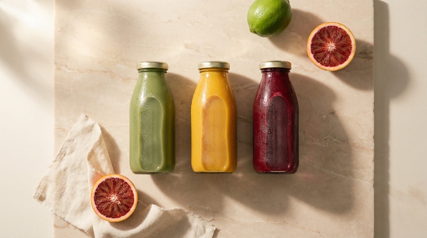 Three cold-pressed juice bottles on pale limestone in morning light