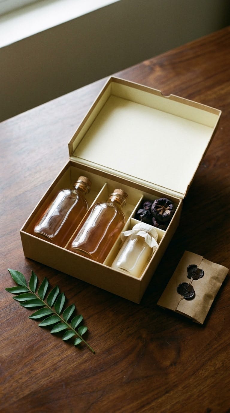 Open kraft meal kit box with bottles and ingredients on dark wood