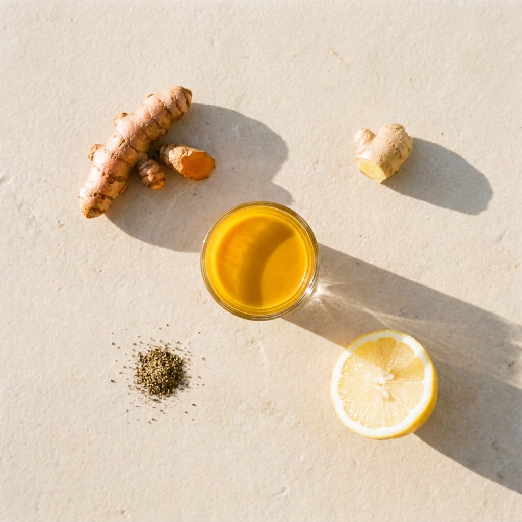 Turmeric ginger wellness shot glass on limestone