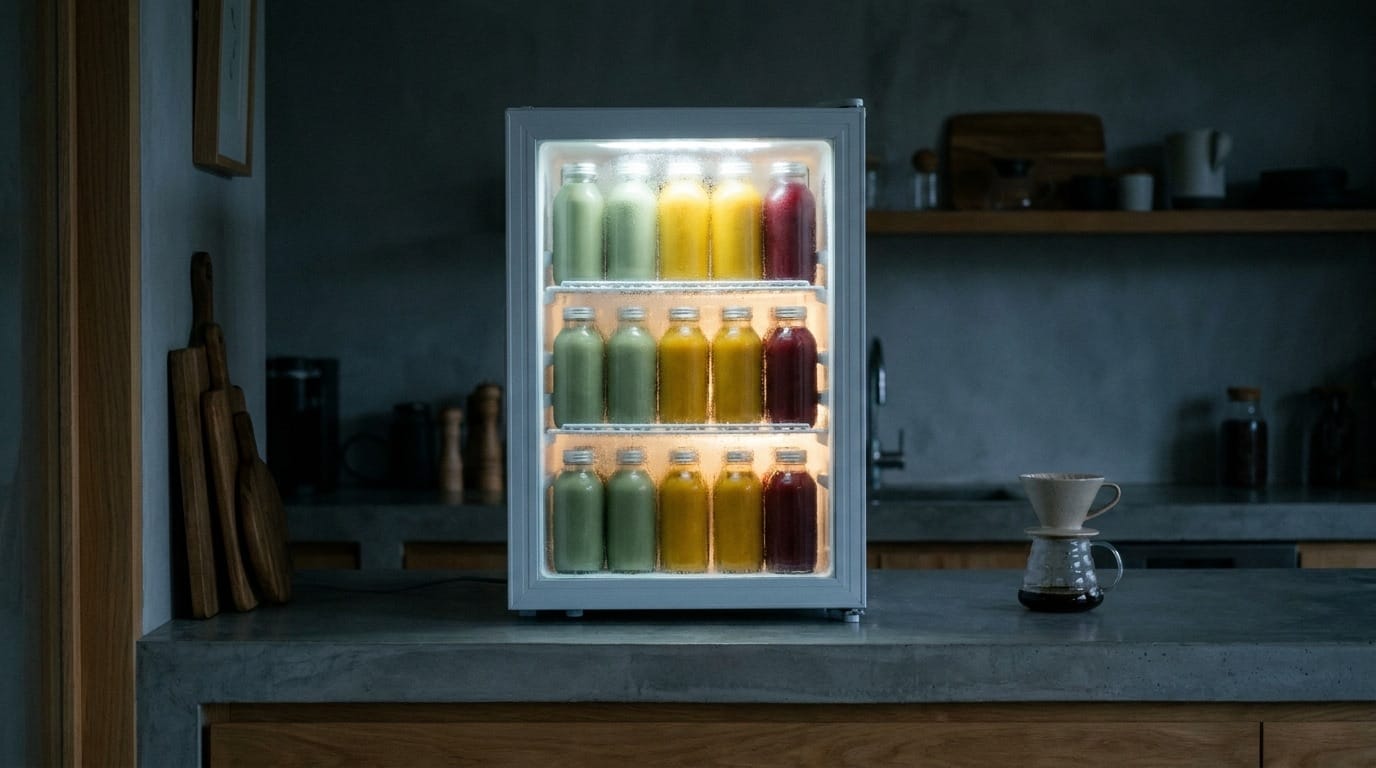 Sixty cold-pressed bottles lined up on a production shelf at 6:15 AM
