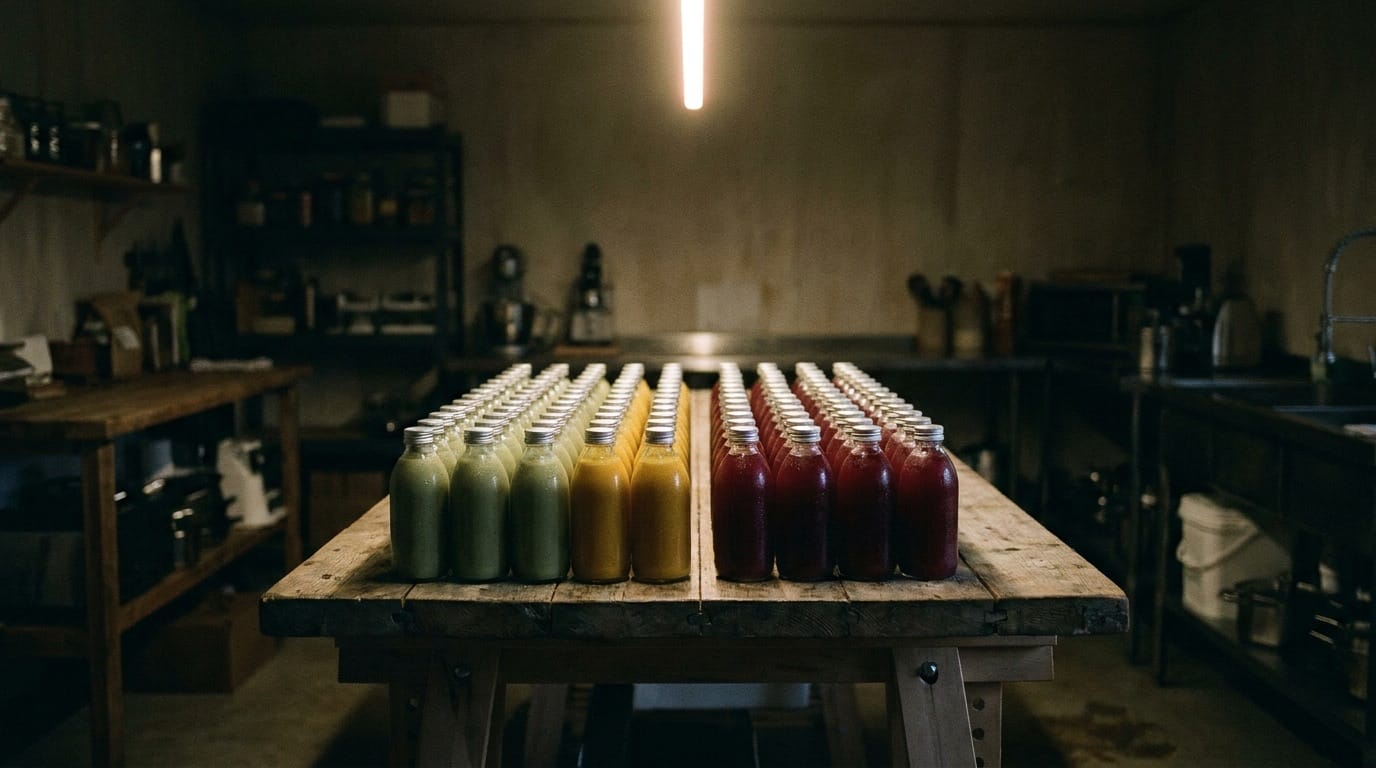 Labelled cold-pressed bottles being arranged for delivery at 6:30 AM