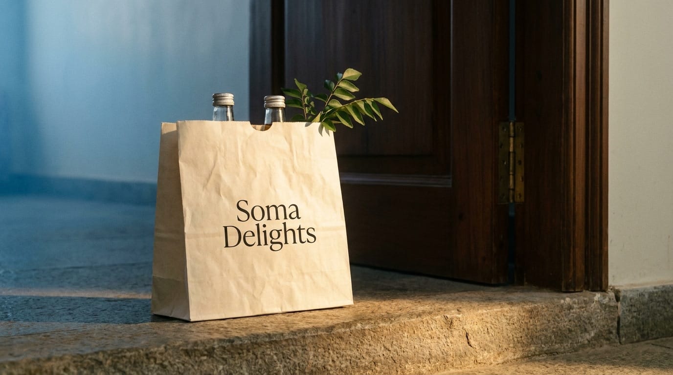 Insulated delivery bag hanging on apartment door handle at dawn