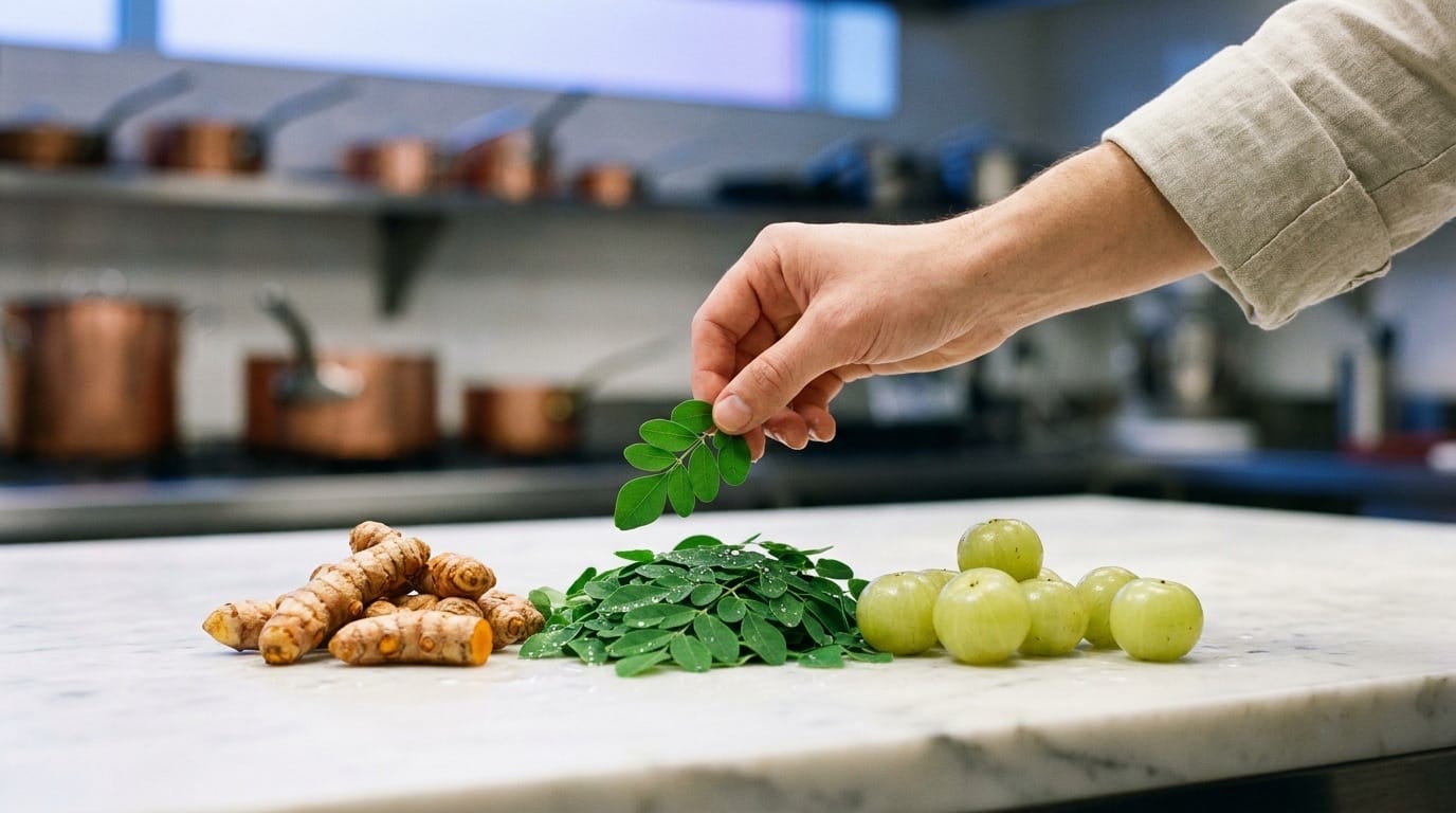 Fresh ingredients laid out on a production surface at 5:30 AM