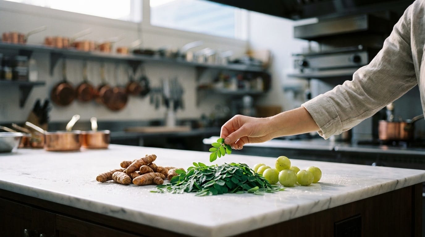 Ingredients being sorted and inspected at production bench