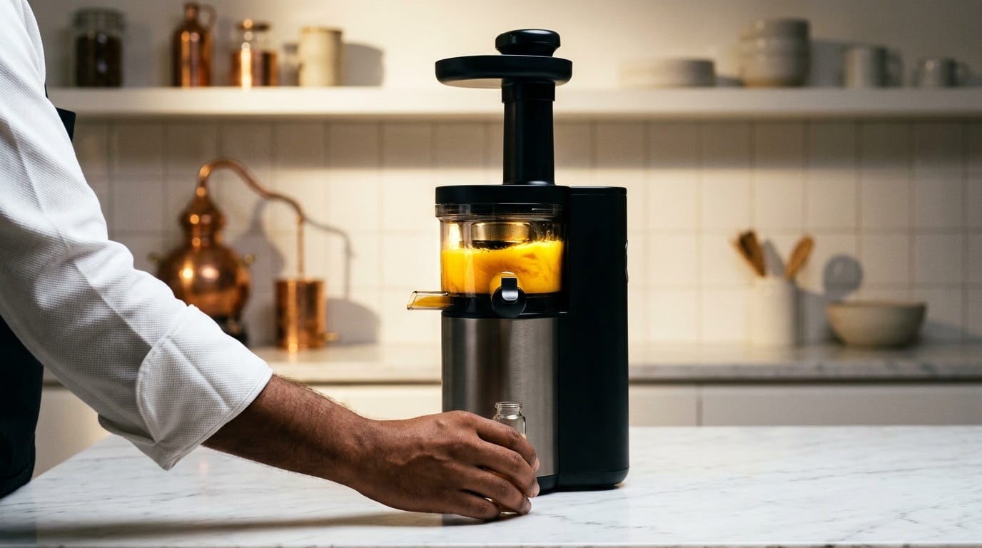 Cold-press juicer in operation during the 4 AM production run