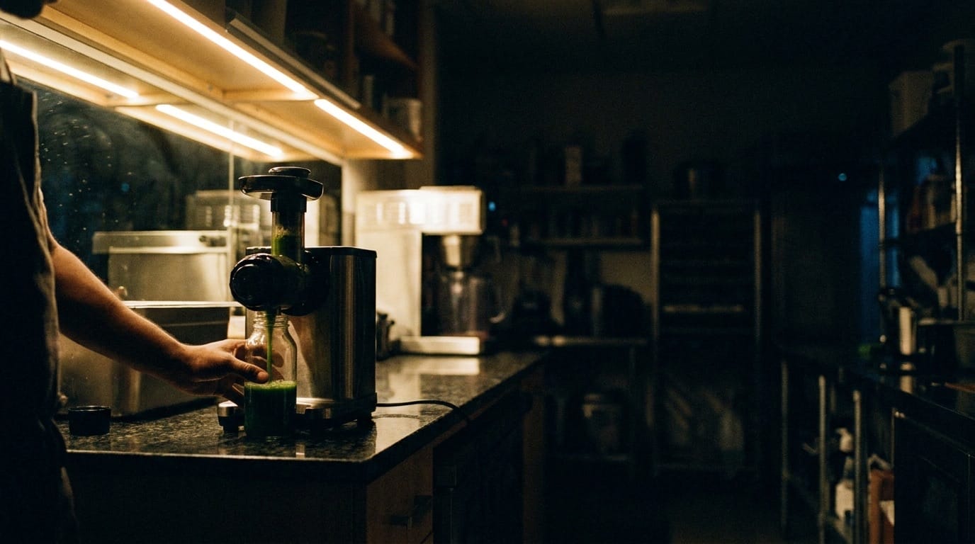 Production kitchen mid-run at 4:30 AM, multiple bottles being filled