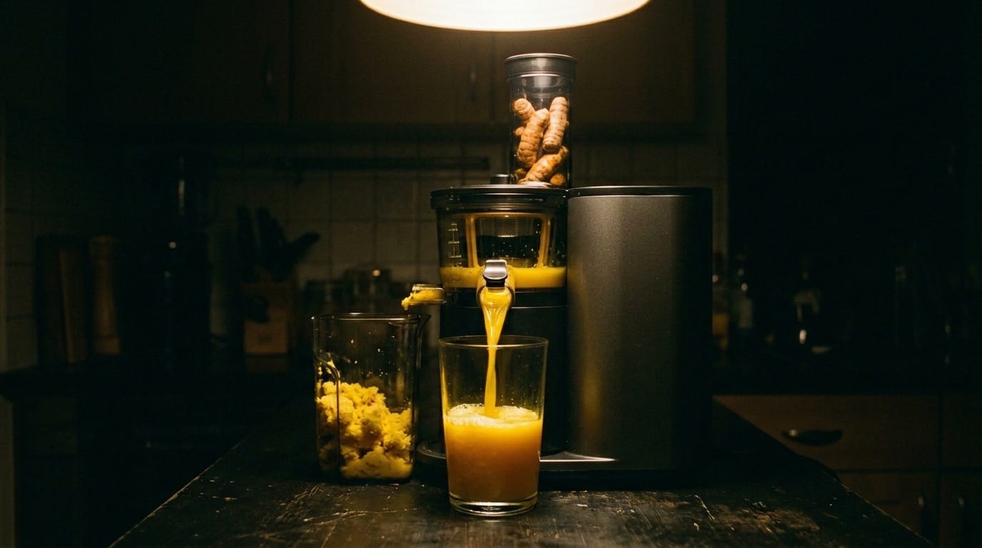 Cold-press machine extracting juice at 4 AM