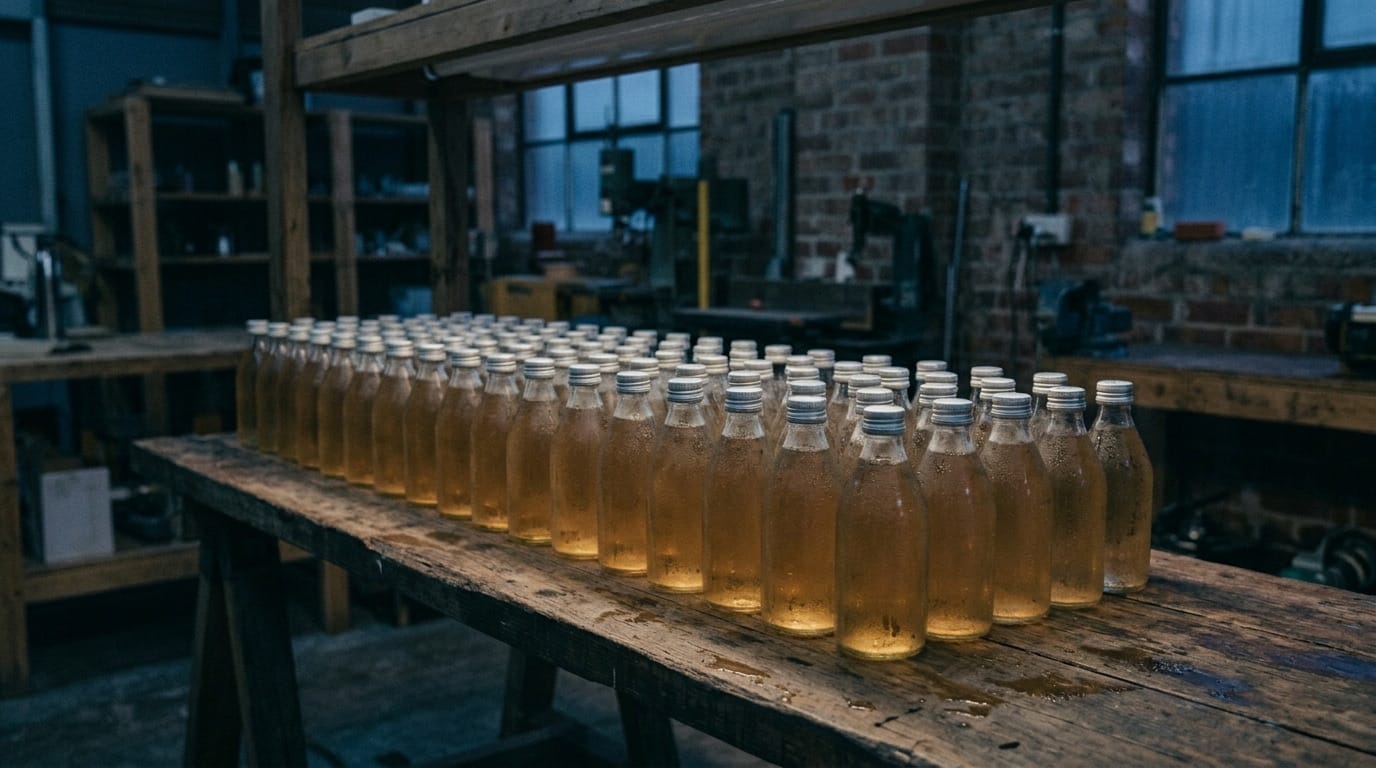 Bottles being sealed and labelled at 5:30 AM