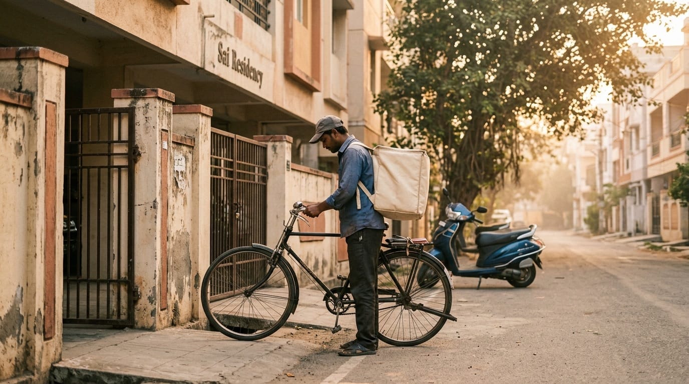 Insulated bag at the apartment door, morning light