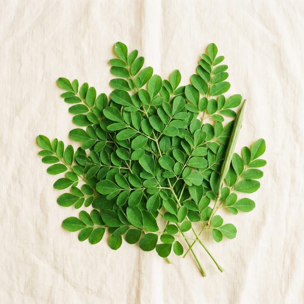 Fresh moringa leaves, stems and clusters