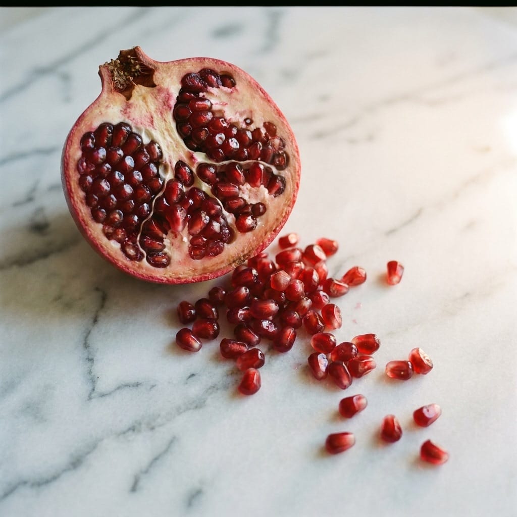 Ruby pomegranate seeds spilled on linen