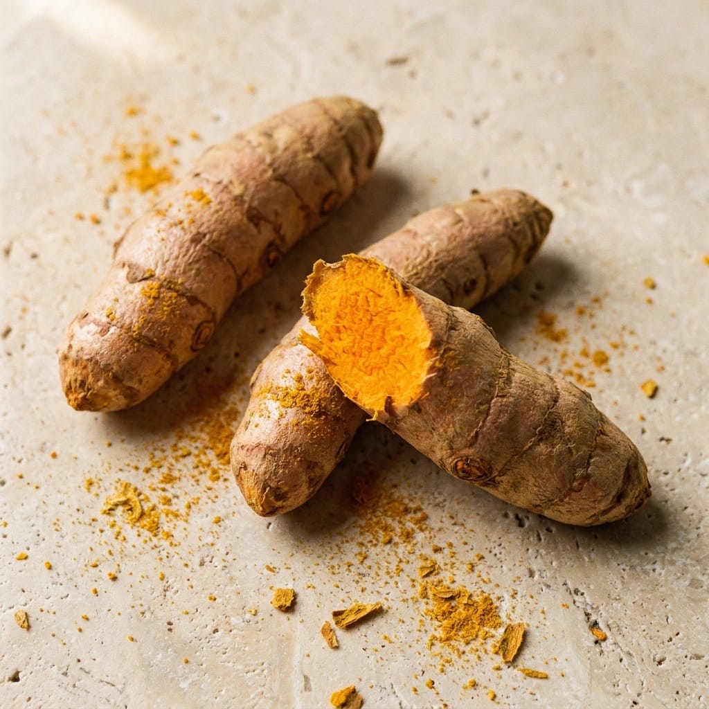 Fresh turmeric rhizomes on warm marble