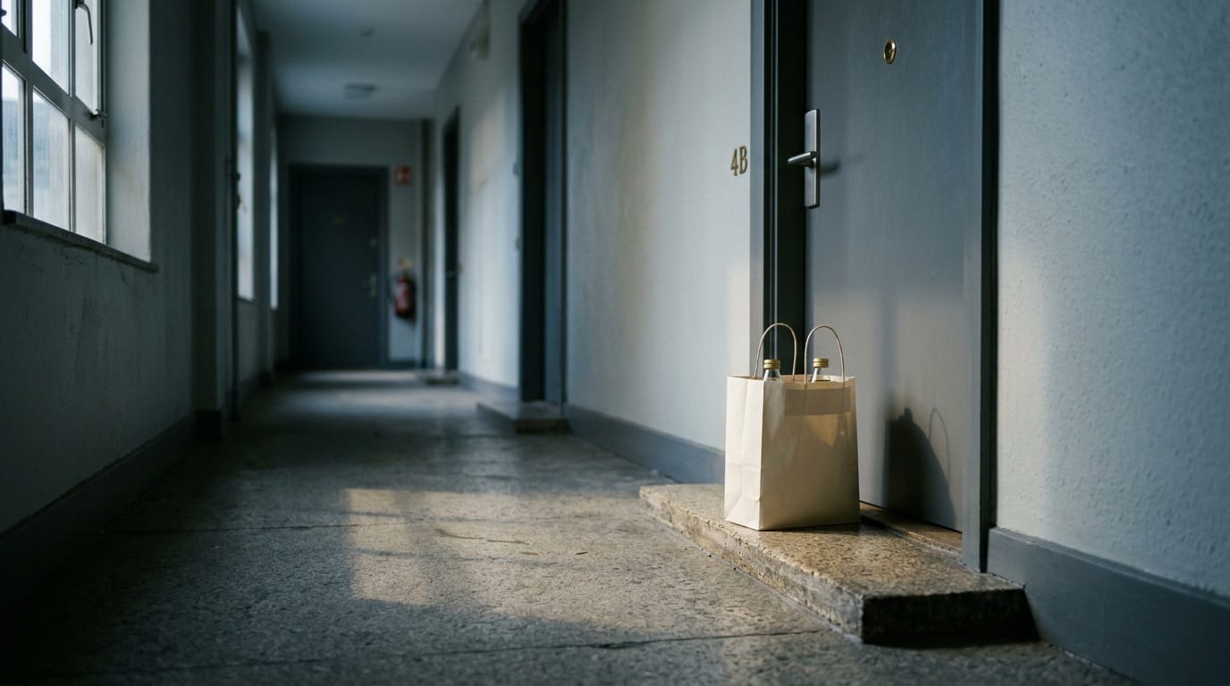 Delivery bag on apartment doorstep in morning light