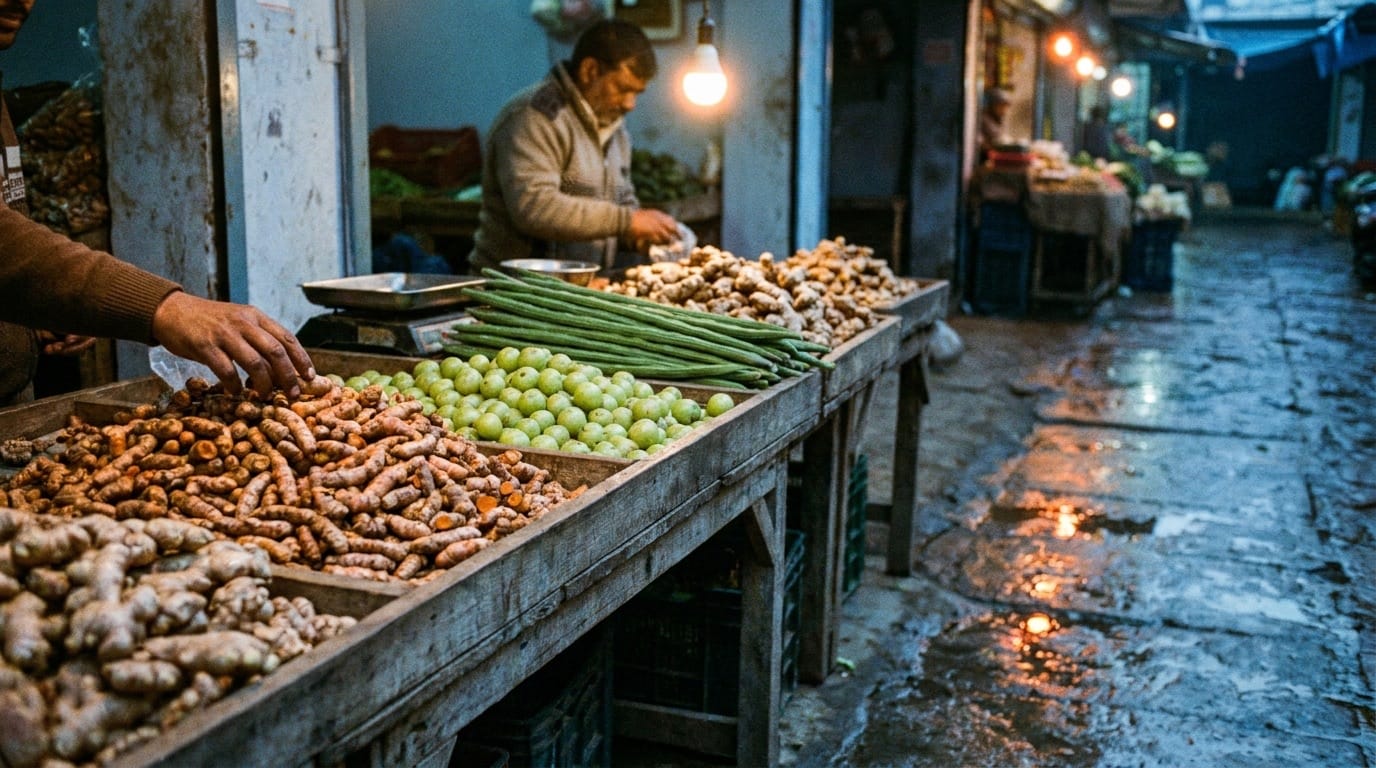 Fresh turmeric roots on a production surface