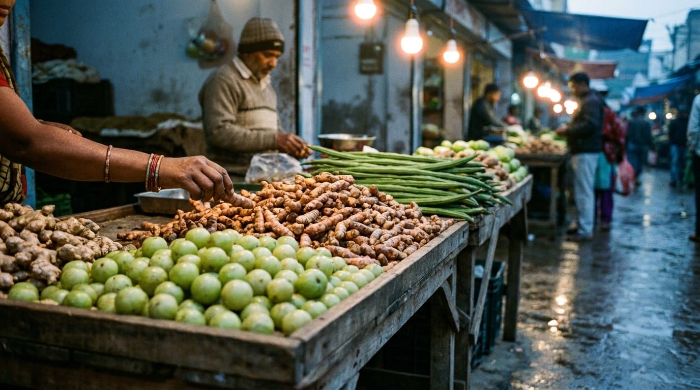 Fresh produce arriving from the morning market