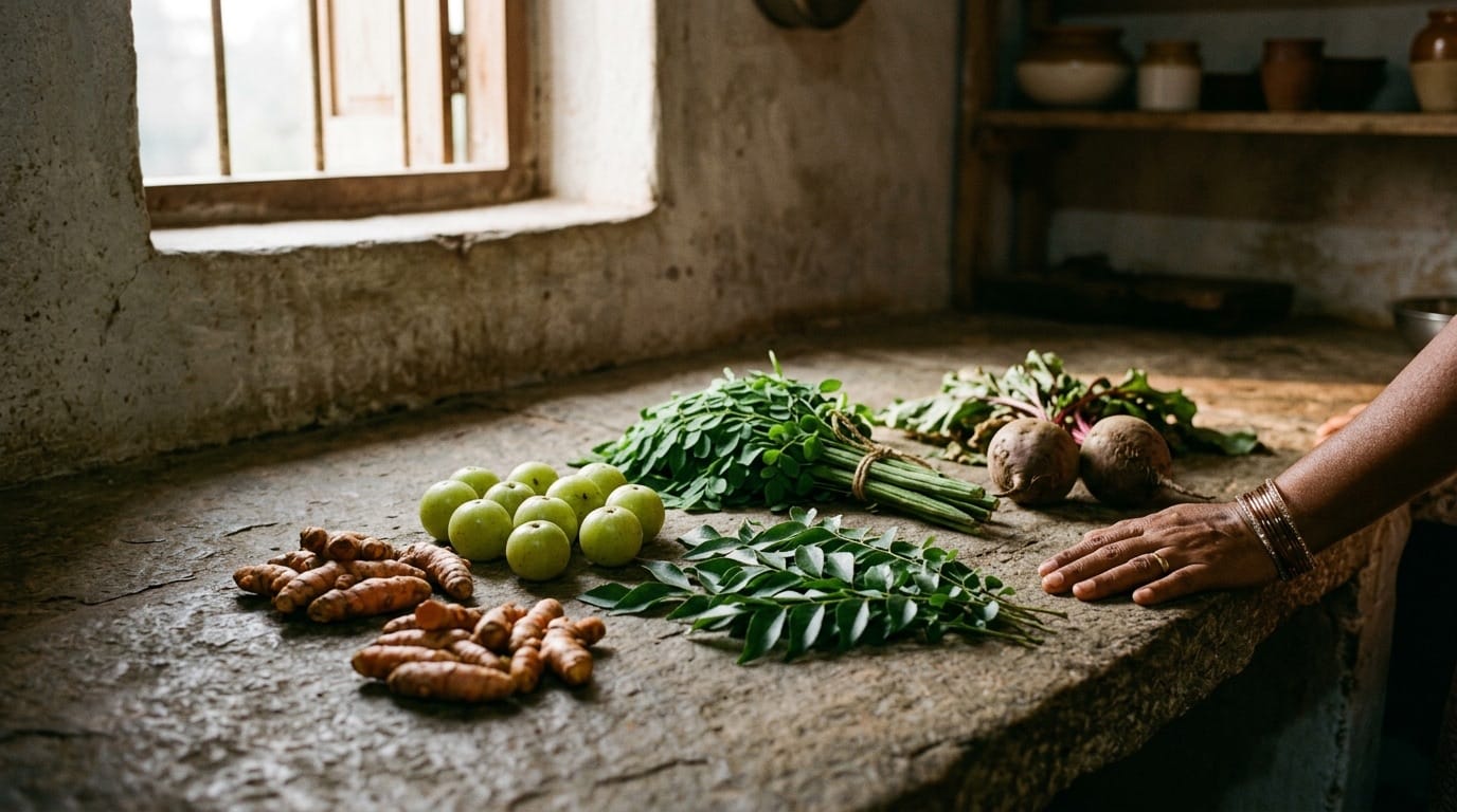 Hands sorting fresh produce at the morning market