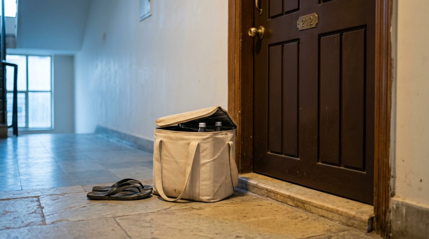 Delivery bag on the doorstep at dawn