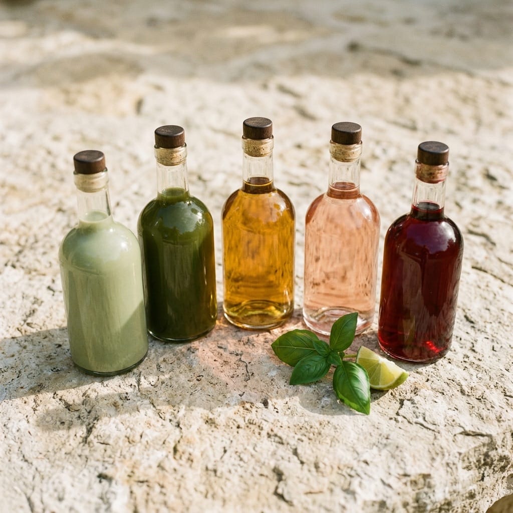 Five bottles in a gentle arc — steady cadence