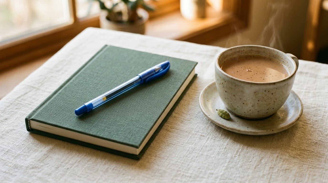 A closed notebook and pen — the policy, written and ready to be read