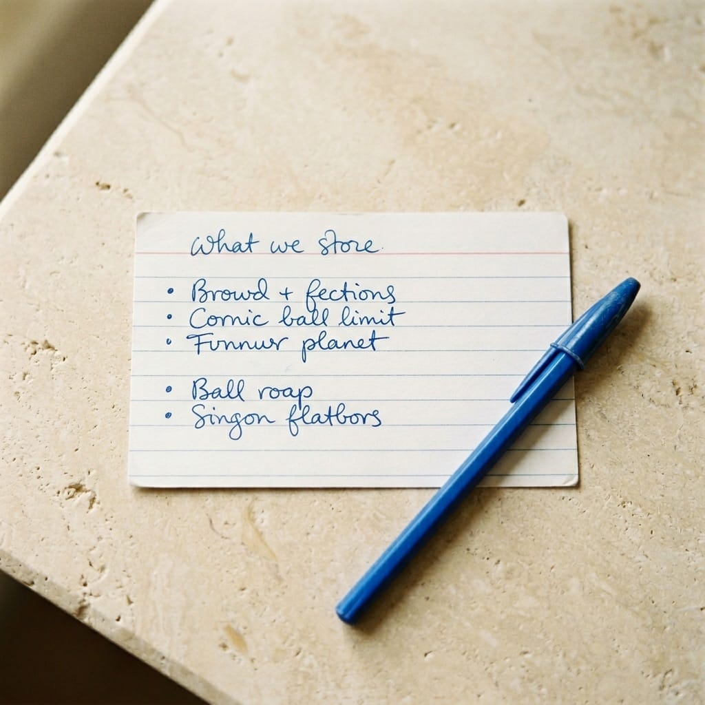 Index card with a handwritten list of data we store