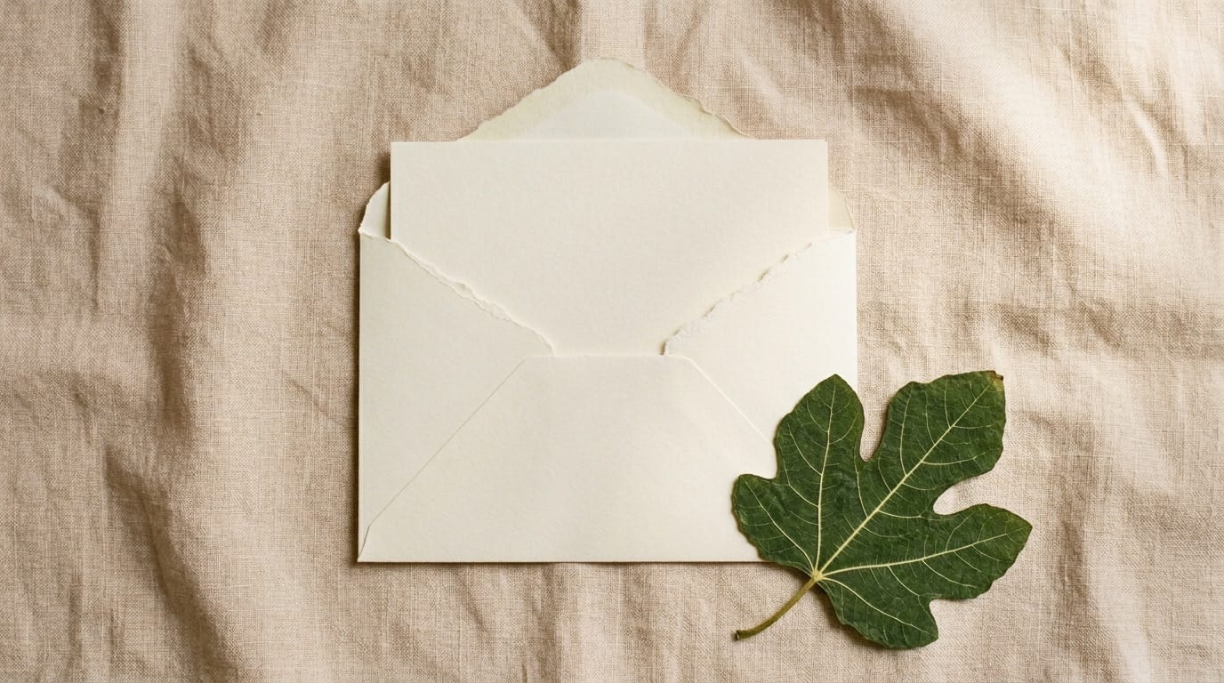 Blank card sliding out of a cream envelope on pale linen