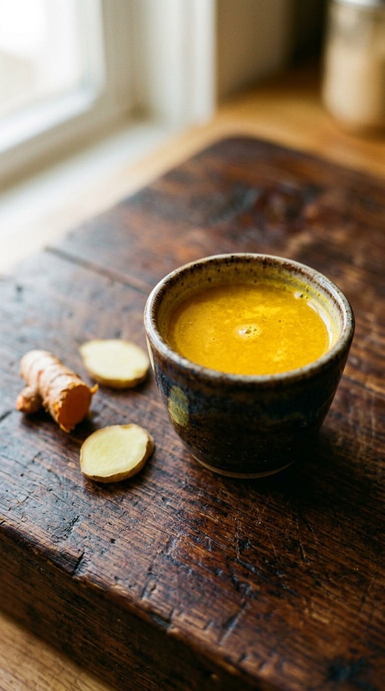 Fermented shot detail — small glass on limestone
