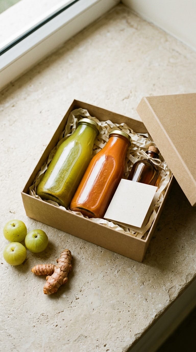 Open kraft meal kit box with bottles and ingredient sachets