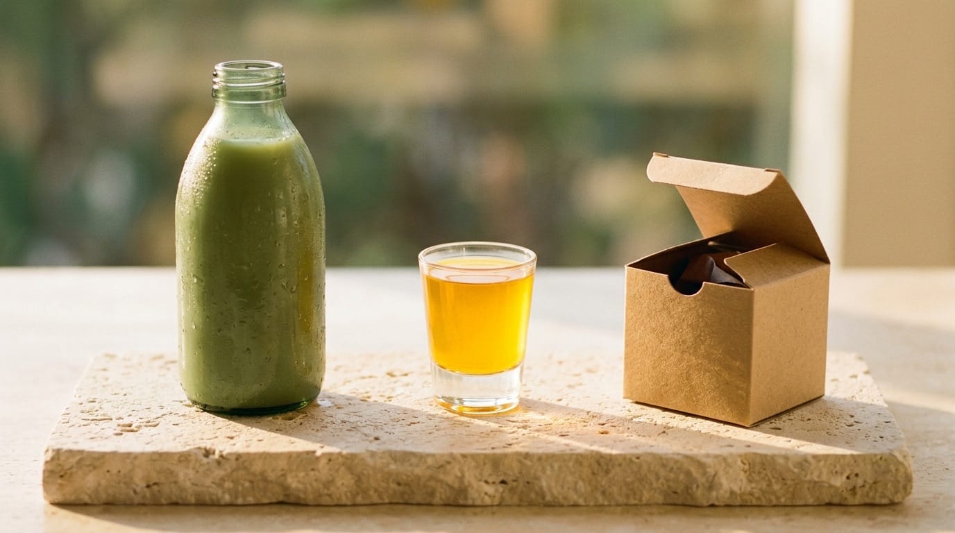 Cold-pressed bottles on limestone, morning light