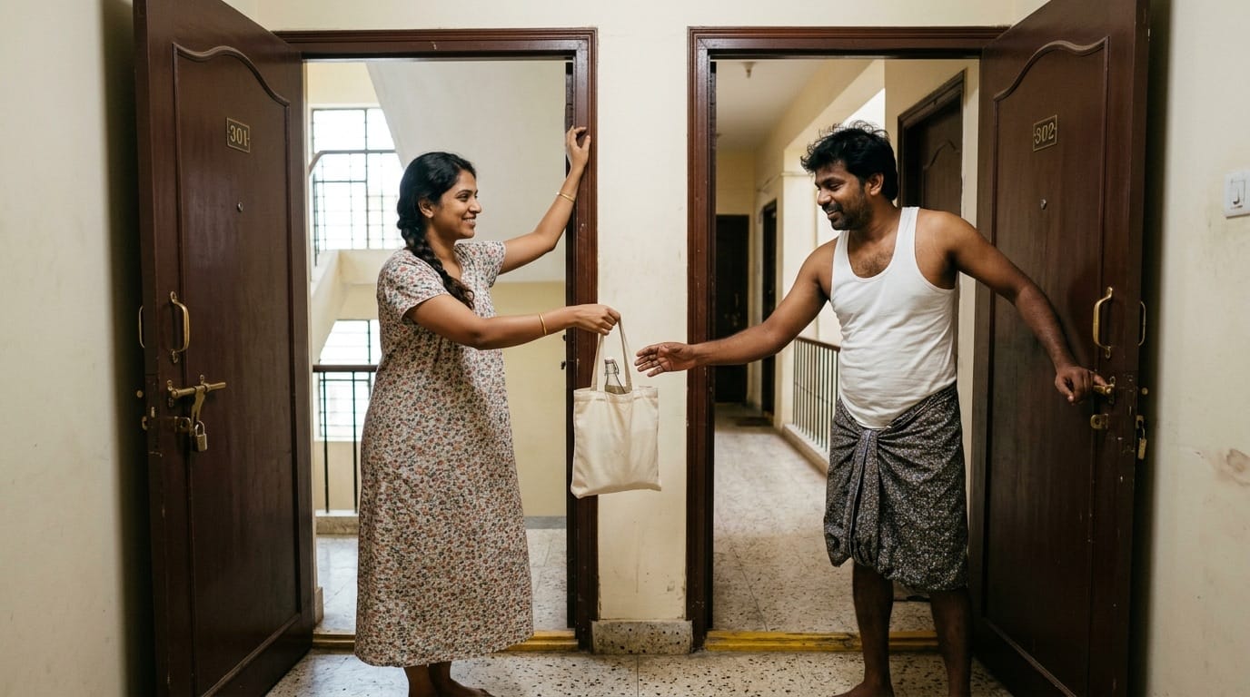 Neighbour receiving a delivery bag at the door