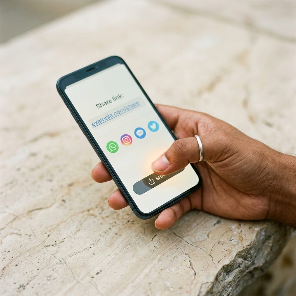 Thumb about to tap the share button on a phone