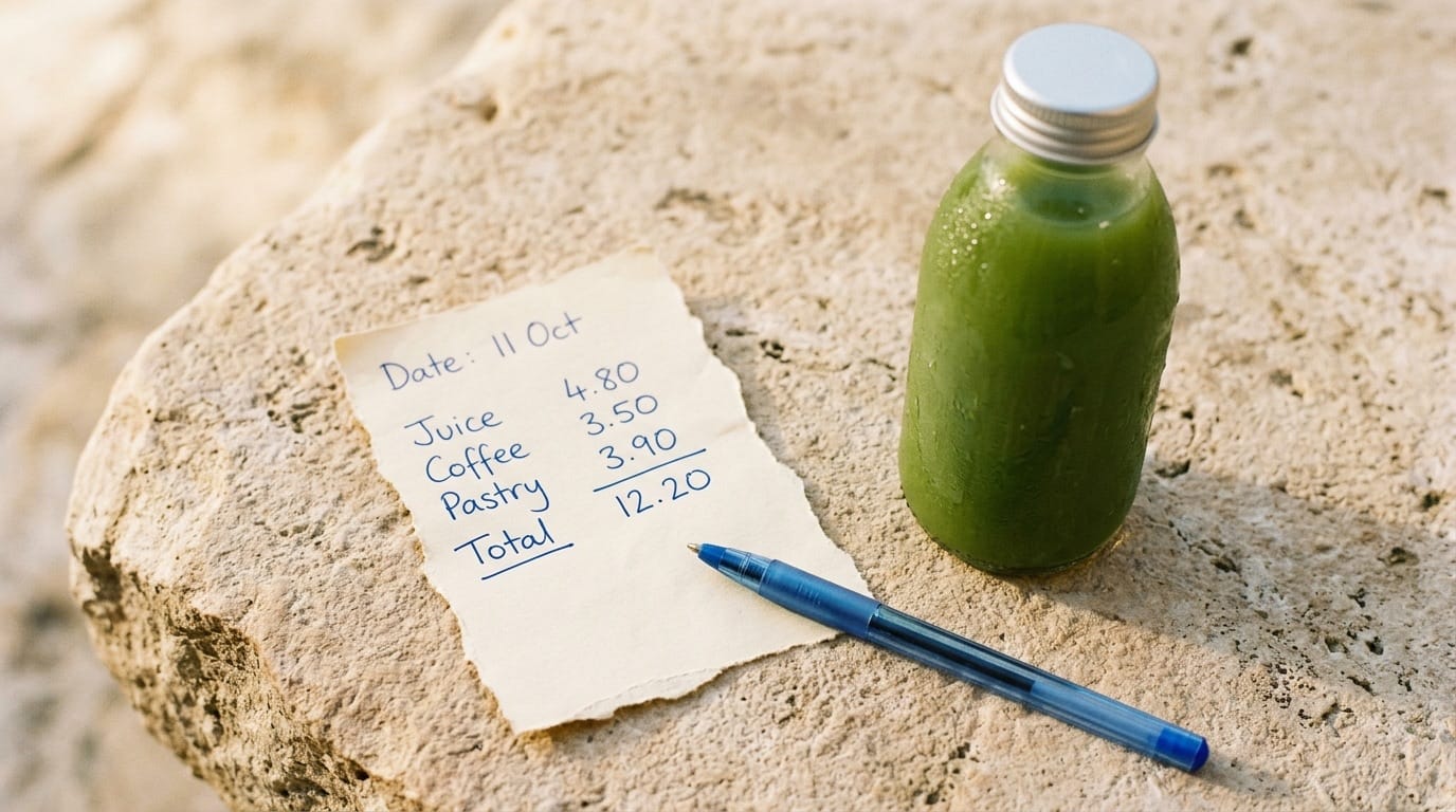 Handwritten receipt and bottle on limestone