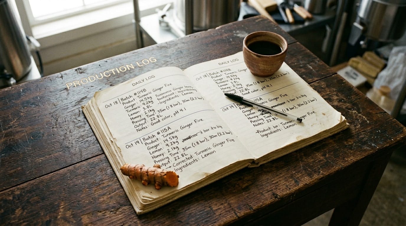 The production kitchen with the day's batch log laid open