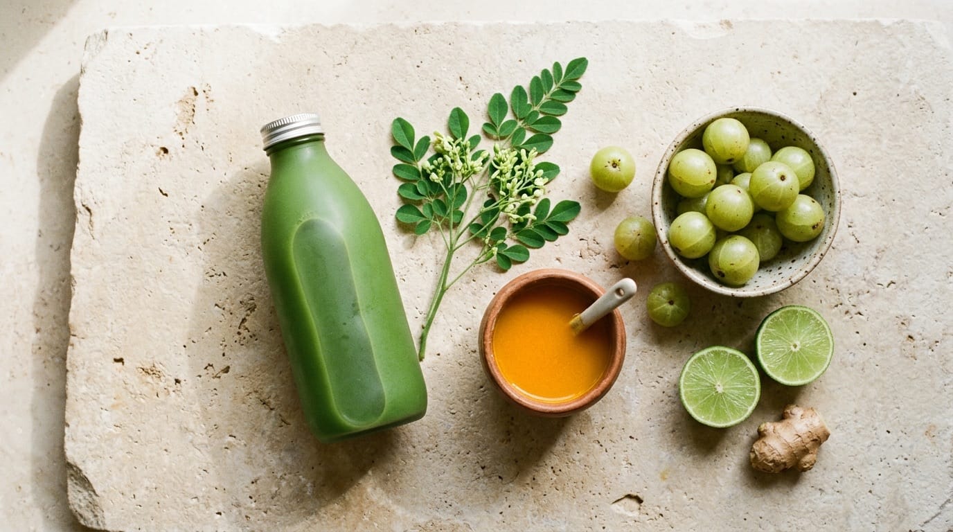Morning light on a kitchen counter with cold-pressed bottles — the wellness window